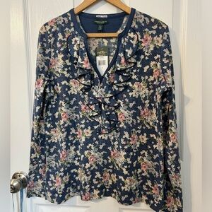 NWT Ralph Lauren Lauren Jeans Co.  ruffled neck Henley cotton top
